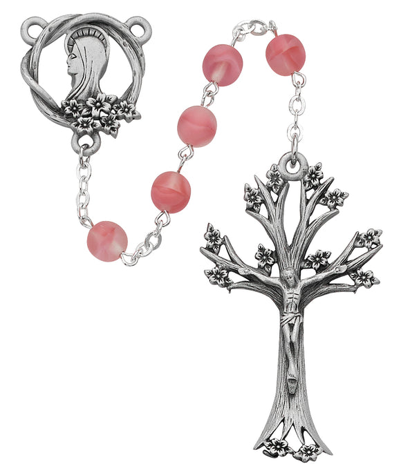 Pink Glass Dogwood Rosary Boxed
