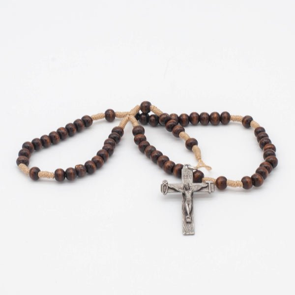 Simple Corded Wood Rosary, Brown 7 mm Beads and Stamped Crucifix - 12