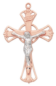 Rose gold over sterling two-tone crucifix with 18 in rhodium plated brass chain boxed