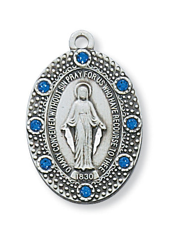 Sterling Silver Miraculous with Blue Glass Stones and 18 in Rhodium Plated Brass Chain and Deluxe Gift Box