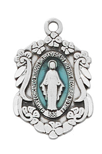 Sterling Miraculous Medal with blue enamel on 18in rhodium plated brass chain in deluxe gift box.