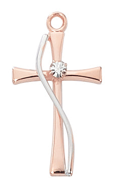 Rose Gold over Sterling two-tone cross with crystal on 18 in rhodium plated brass chain boxed