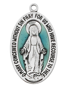 Sterling Miraculous Medal with blue enamel on 20in rhodium plated brass chain in deluxe gift box.
