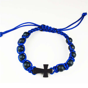 Blue Wood Adjustable Cross Bracelet Bagged