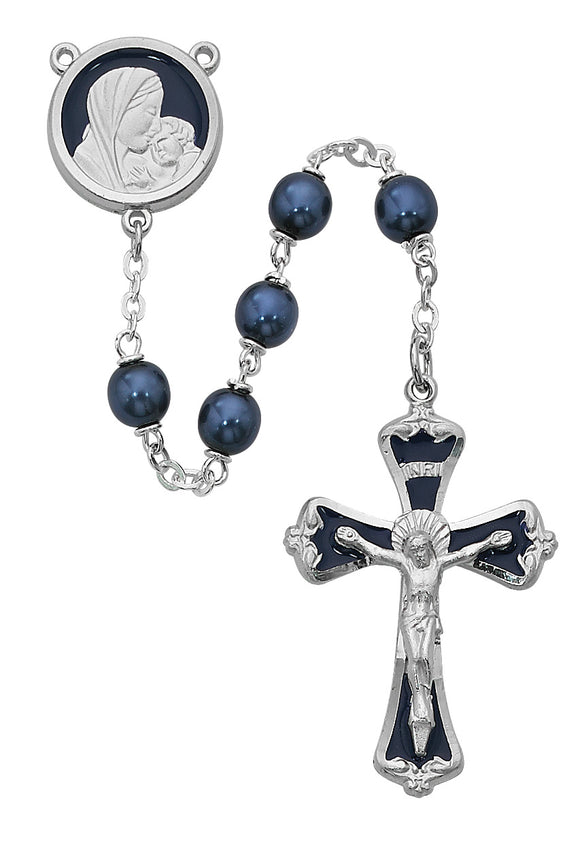 Mother and Child Blue Glass Rosary Boxed