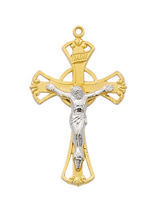 Gold over sterling crucifix with silver corpus with 18in gold plated brass chain in deluxe gift box.