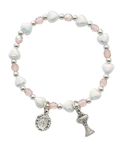 Imitation Pearl Hearts and Pink Crystal Stretch Communion Bracelet Carded