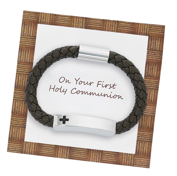 Boy's Leather Cross ID Bracelet in communion box