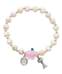 Imitation Pink and Pearl Heart Stretch Communion Bracelet Carded